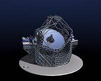 Birdseye view of the elaborate 3-dimensional model of the European Extremely Large Telescope developed to determine expected performance during observing conditions. With a 42-m diameter primary mirror, the present baseline, its total rotating mass is 5,500 tons. The two platforms on each side of the structure hold large instruments. Credit ESO